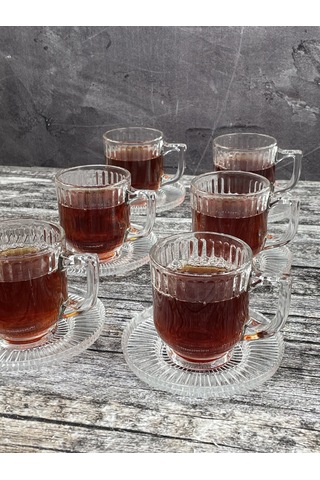 6 Kişilik 12 Parça Cam Çay Takımı Çay Bardağı Ve Tabak Seti