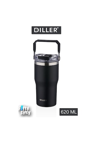 Dıller 620 Ml Tek Kapak Çift Kullanım Pipetli/pipetsiz Taşıma Kulplu Mug/çelik Termos-ffdıllerd9168 Siyah