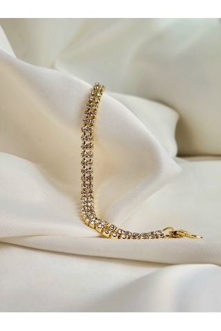 İki Sıralı Kristal Su Yolu Altın Kaplama Gold Renk Bileklk Gold