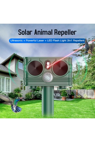 Youtek Solar Güçlü Ultrasonik Hayvan Kovucu - Lazer+led Işık+entegre Li-poly Batarya, 5 Mod, 120 Derece Geniş Açı, Ip54 Su Geçirmez, Koyu Yeşil
