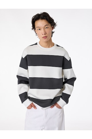 Koton Uzun Kollu Şardonlu Bisiklet Yaka Oversize Sweatshirt Gri Çizgili 6wam70298mk Gsr