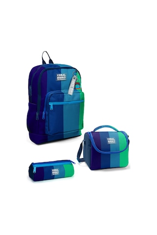 Coral High Kids Renkli Çizgili 3 Lü Okul Çanta Seti Set0123781 Lacivert - Yeşil