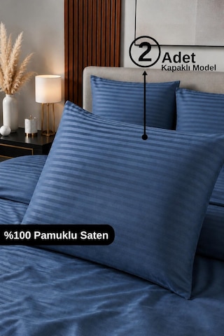%100 Pamuk Saten Çizgili Kapaklı Yastık Kılıfı 2'li Lüx Otel Kalitesi 50x70 Lacivert