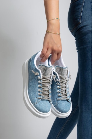 Erceka Taşlı Günlük Kullanıma Uygun Kadın Spor Ayakkabı Sneaker Bağcıklı Su Geçirmez Siyah-beyaz-mavi Taşlıaçıkmavikot