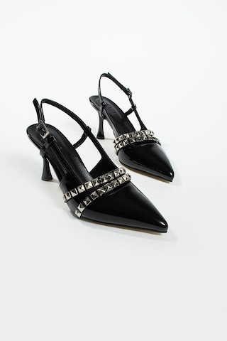 Duxal Shoes Davin Zımbalı Detay Bilek Bağlı Arkası Açık Kadın Klasik Topuklu Ayakkabı Siyah