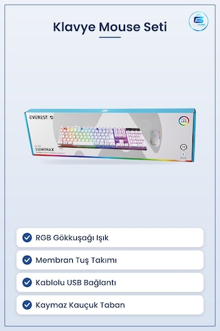 Kablolu Usb Oyuncu Klavye Mouse Seti Beyaz Rgb Işıklı Mekanik His Optik