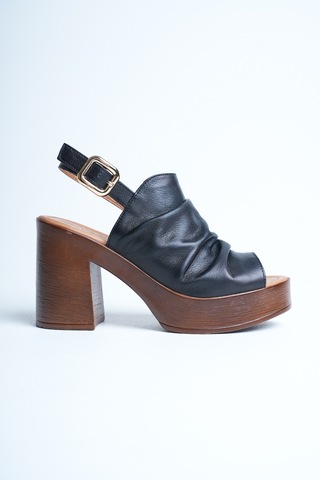 Analin Shoes Kadın Hakiki Deri Platform Topuklu Kırışık Sandalet Siyah