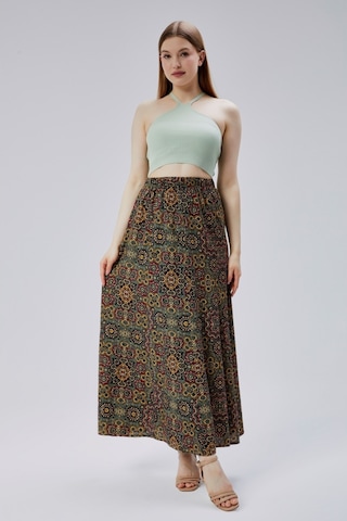 Bw Best Woman Viskon Kumaş 8 Parça Uzun Kadın Etek- Yeşil Desenli Çok Renkli