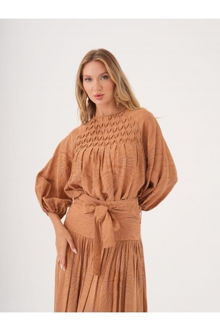 Büzgü Detaylı Kuşaklı Viskon Ve Keten Karışımlı Bluz CAMEL