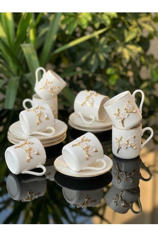Çnr Home Collection Flora Luxe Serisi Altin Yaldizli Porselen Kahve Fincan & Tabaği - Çiçek Ve Kelebek Detayli 3 Model 12421 Altın