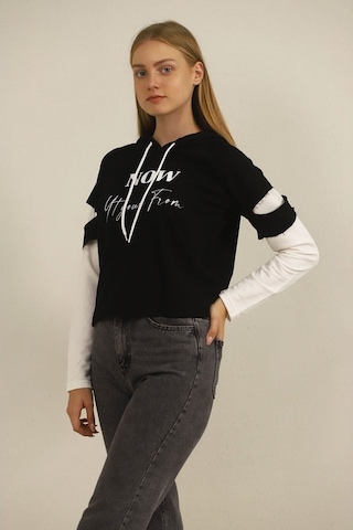 Gabria Kadın Kapşonlu Desenli Sweat Siyah (508950221)