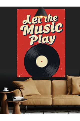 Let The Music Play Sloganı Ve Plak Dekoratif Kanvas - Mdf Ahşap Tablo