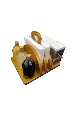 Ahşap Altın Varaklı Peçetelik Limonluk Yağlık Baharatlık Takımı