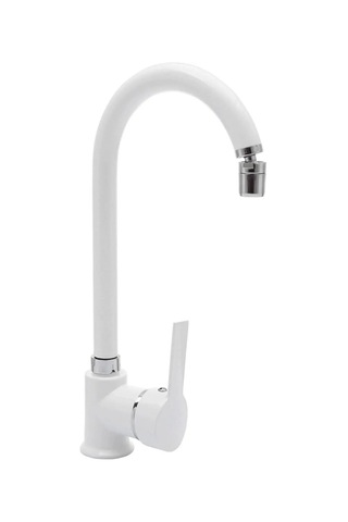 Beyaz Armatür Oynar Perlatörlü Mutfak Evye Bataryası 360 Derece Sıcak Soğuk Su Girişli Beyaz