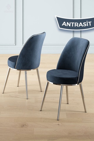 Canisa Prah Serisi 90x160 Lak Panel Sonata Krom Ayak Masa Takımı Ve 6 Antrasit Sandalye Siyah Mermer Masa Antrasit Sandalye Krom Detay