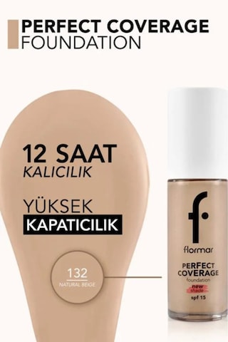 Flormar Perfect Coverage Yoğun Kapatıcı Su Bazlı Fondöten (Nötr Alt Ton) -132 Natural Beige -8682536070577