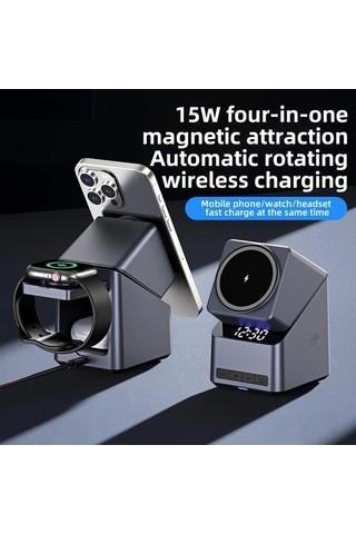 Topshop1 Gri 4ü 1 Arada Otomatik Donen Kablosuz Sarj Istasyonu Led Ekranli Masaustu Alarm Saati İphone 16 15 14 13 12 Serisi İwatch Uyumlu