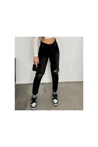 Kene Jeans Yüksek Bel Siyah Çift Diz Lazer Yırtık Mom Jeans Siyah