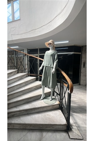 İtalyan Müslin Keteni Üstü File Bluzlu Astarlı Tek Parça Elbise-9256 Su Yeşili