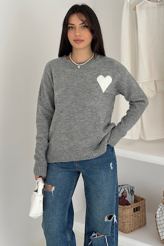 Noa & Noa Kadın Kalpli Kalın Triko Kazak Oversize & Minimal Romantik Stil Gri