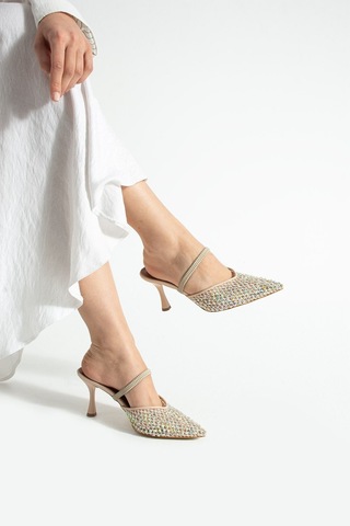 Lebibe Shoes Mına Kadın Bej File Taşlı 7 Cm Topuklu Slingback Sivri Burun Abiye Ayakkabı