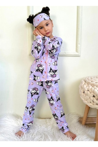 Kız Çocuk Mor / Lila Renk Sevimli Kedi Desenli Uzun Kollu Pijama Takımı Göz - Uyku Bandı Dahil Lila Mor Lila - Mor
