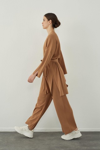 Sherin Camel Düz Yakalı Basic Triko Hırka - Camel