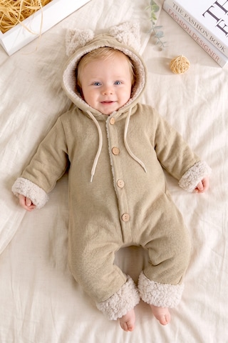 Babymod Tavşan Fiğürlü Düğme İliklemeli Welsoft Astarlı Kız Erkek Bebek Kışlık Tulum Bej