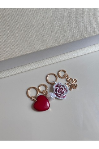 Gül, Kalp, Yonca Ve İnci Figürlü Altın Renk Charm Küpe 4 Lü Set Altın