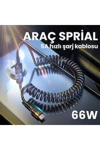 Polham 5a 66w Spiral Usb To Type C Şarj Ve Data Kablosu,1-1,5 Metre Kısayıp Uzayabilen Elastik Kablo 1 Adet