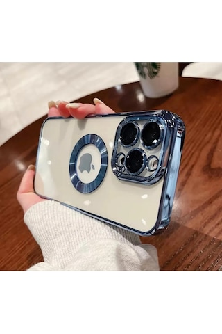 Apple iPhone 14 Pro Max Uyumlu Derin Mor Ekstra Kamera Korumalı Kamerası Cam Lensli Lazer Kılıf Mavi