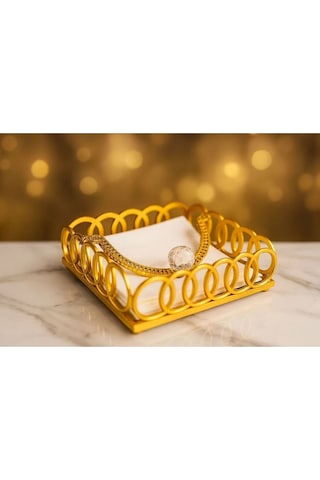 1 Adet Kare Cam Aynalı Plastik Gold Taşlı Peçetelik 18cm