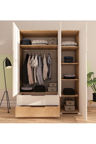 Flora 3 Kapaklı 2 Çekmeceli Gardırop Safir Meşe - Beyaz Elbise Dolabı