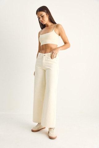 Shade Kadın Desenli Cep Detaylı Yüksek Bel Wide Leg Denim Pantolon 60282059 - Krem