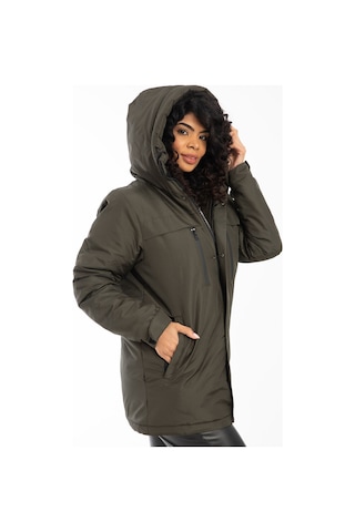 Kadın Haki Içi Polarlı Su Ve Rüzgar Geçirmez Kapüşonlu Kışlık Mont Haki