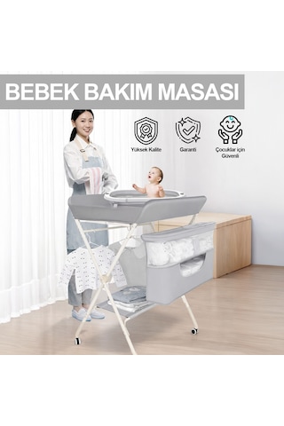 Portatif Bebek Alt Değiştirme Bakım Masası Sepetli Organizer Katlanabilir Taşınabilir İstasyon Tekerlekli Askılık Gri
