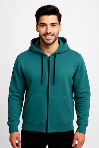 Axxel Erkek Yeşil Fermuarlı Kapüşonlu Sweatshirt 3 İplik Şardonlu-w590 Zümrüt Yeşili