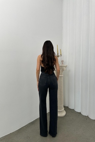 Lacarino 7984 Wide Leg Kadın Jean Pantolon Siyah Taşlı