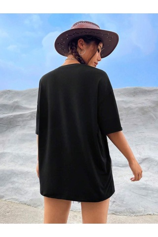 Smile Çizgi Yüz T-shirt - Siyah Baskılı Oversize Bisiklet Yaka Kısa Kol Tişört Siyah