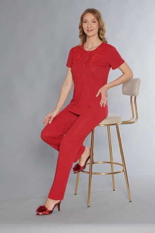 Kısa Kol Klasik Zakkum Dantel Detaylı Pijama Takımı Flz 88-120 Kırmızı