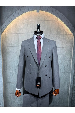 Dupont Classics Dupont Erkek Slim Fit 6 Drop Çizgili Kruvaze Viskon Çift Yırtmaç Takım Elbise Koyu Gri