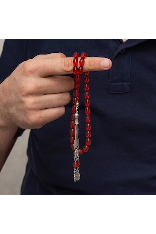 Premium Parlak Eskitmeli Metal Püsküllü Arpa Kesim Sıkma Kehribar Tesbih