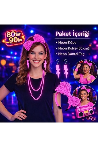 Tedar 80 Ler 90 Lar Neon Pembe Parti Seti Kolye Küpe Taç Najmaddin "
