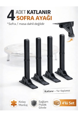 4'lü Katlanabilir Yer Sofrası Ayağı 4 Kademeli Laptop Sehpa Sini Kamp Masası Plastik Ayak Siyah 21cm Siyah