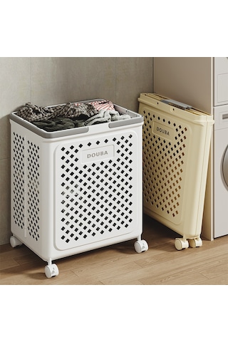 Beyaz Orta Boy Kirli Çamaşır Sepeti, Tekerlekli, Katlanabilir, Büyük Kapasiteli Ve Hareket Ettirilebilir Beyaz