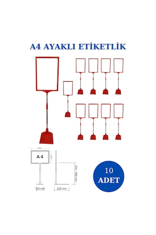 10 Adet Kırmızı A4 Ayaklı Sepet Etiketi Çerçeveli Etiketlik Kırmızı