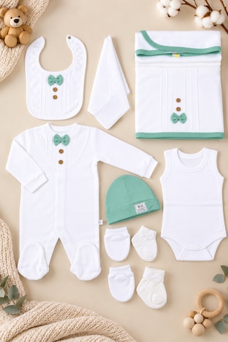Babyhola Organik %100 Pamuk Kız Erkek Bebek Yenidoğan Tulum Zıbın Battaniye 8'li Set 0-3 Ay Hediyeli Mint Yeşil