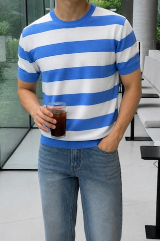 Tarz Cool Erkek Çizgili Triko Tişört Bisiklet Yaka Slim Fit Yazlık İnce Dokulu Mavi