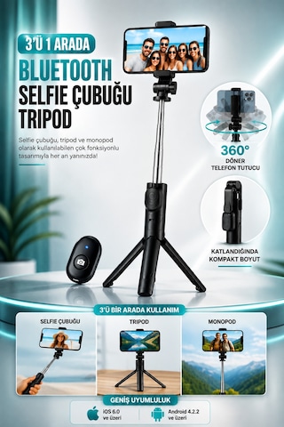 Concord 3'ü 1 Arada Bluetooth Selfie Çubuğu Tripod Kumandalı Telefon Tutucu Monopod 360 Döner Siyah