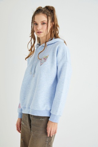 Hello Kitty Lisanslı Baskılı Kapüşonlu Kalın Mavi Sweatshirt Renkli